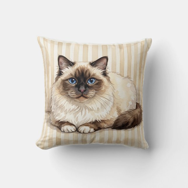 Oreiller d'accent de chat Birman à l'aquarelle (Recto)