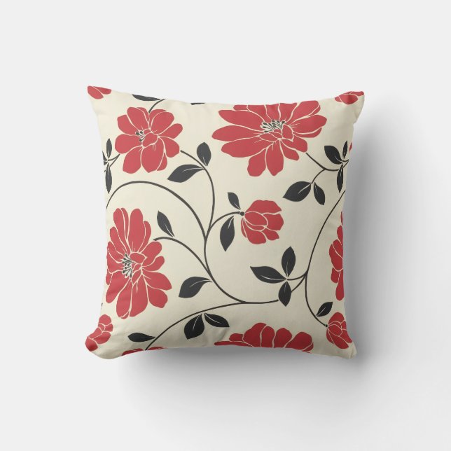 Oreiller d'accent floral botanique crème et rouge (Recto)