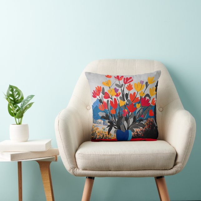 Oreiller d'art floral moderne coloré (Chaise)