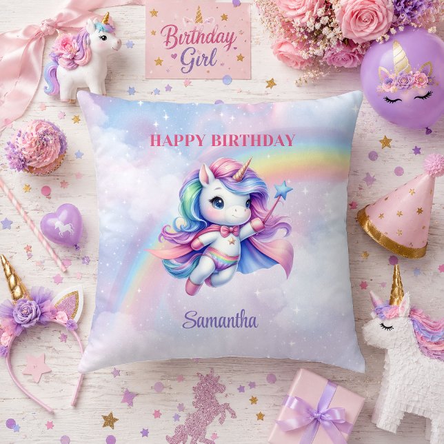 Oreiller de fête d'anniversaire de fille Licorne M (Colorful Unicorn Magical Day Girl Birthday Pillow

)