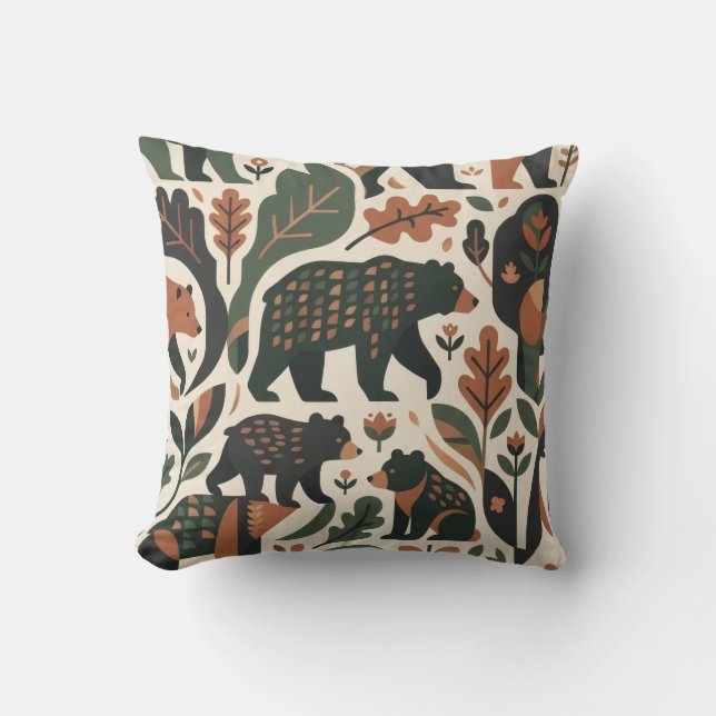 Oreiller de jet rustique en bois avec motif d'ours (Recto)