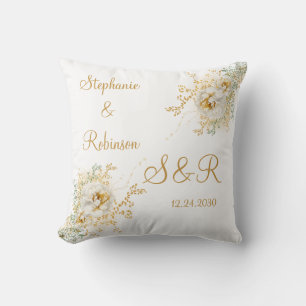 Oreiller de jeté de mariage à monogramme floral or