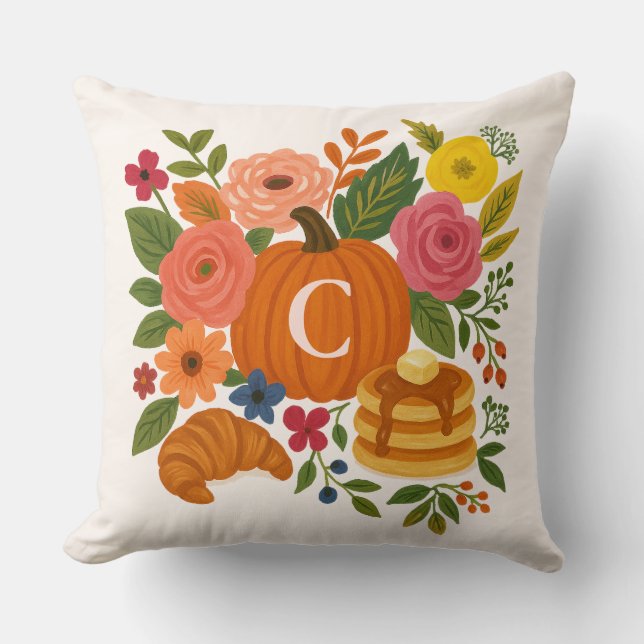 Oreiller de jetée à monogramme floral citrouille (Recto)
