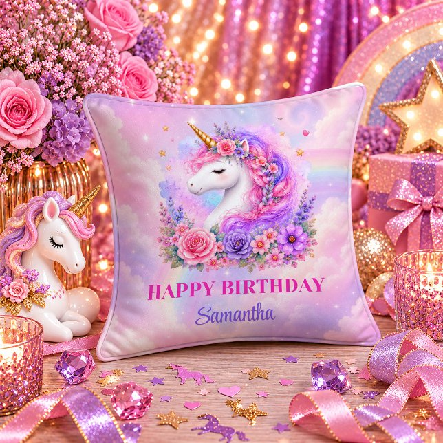Oreiller de jetée pour l'anniversaire de la fille  (Pretty Rainbow Unicorn Girl Birthday Throw Pillow)