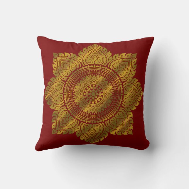 Oreiller de luxe rouge à motif mandala doré (Verso)