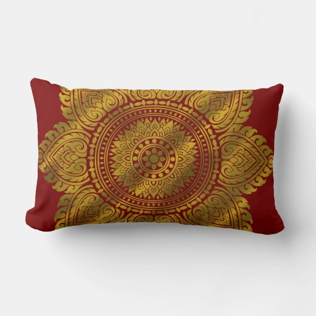 Oreiller de luxe rouge à motif mandala doré (Recto)