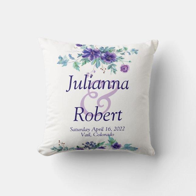 Oreiller de mariage floral aquarelle violet (Recto)