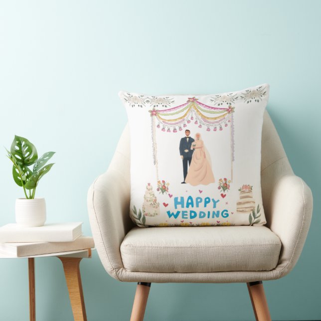 Oreiller de mariage heureux – Fond blanc  (Chaise)