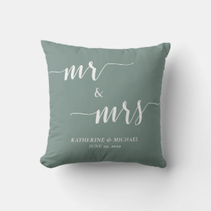 Oreiller de mariage vert sauge moderne Monsieur et