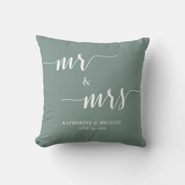 Oreiller de mariage vert sauge moderne Monsieur et (Recto)