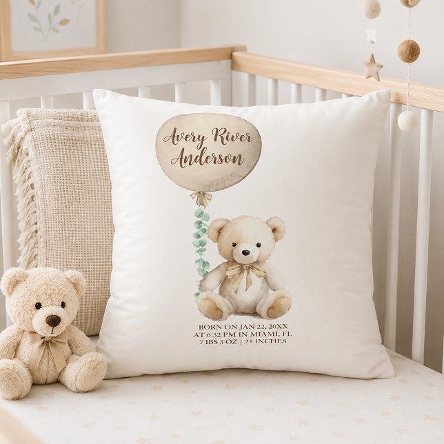 Oreiller de naissance en forme d'ours en peluche n (Serene nursery with birth announcement pillow)