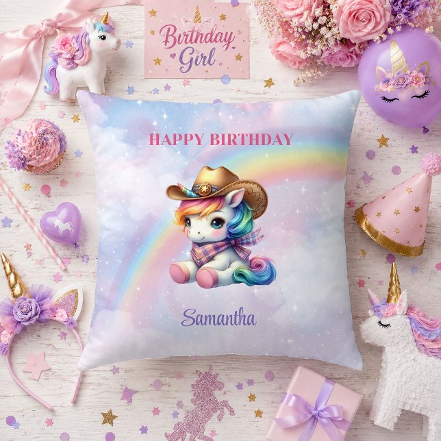 Oreiller de naissance fille licorne rose violet De (Bright Unicorn Pink Purple Girl Birthday Pillow Design

)