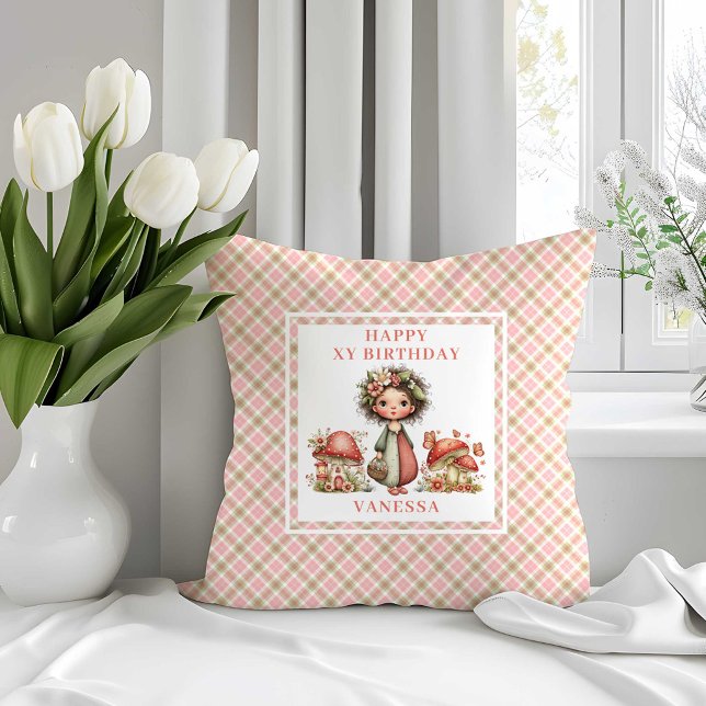 Oreiller de naissance Fleurs roses de fée mignonne (Whimsical Cute Fairy Pink Flowers Birthday Pillow)