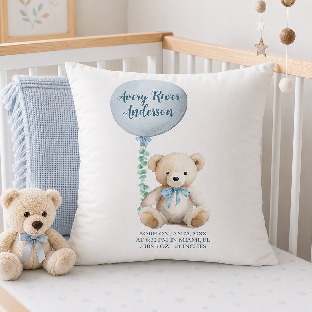 Oreiller de naissance Ourson Bleu pour bébé (Blue Balloon birth announcement pillow)