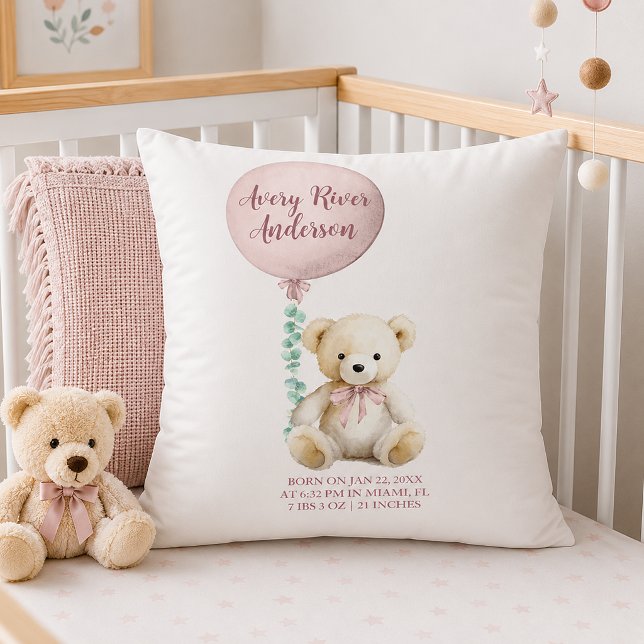 Oreiller de naissance Ourson Rose (Cozy nursery with personalized baby pillow)