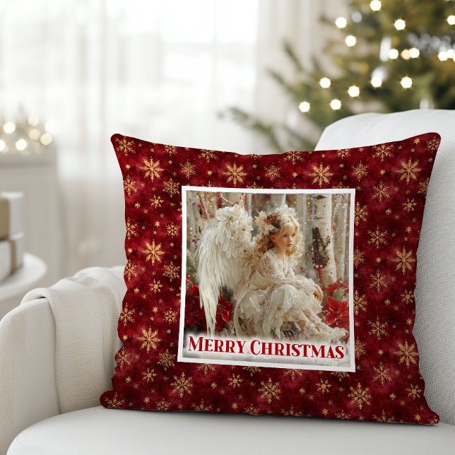 Oreiller de Noël ange joyeux poinsettia (Merry Angelic Poinsettia Christmas Gift Pillow)