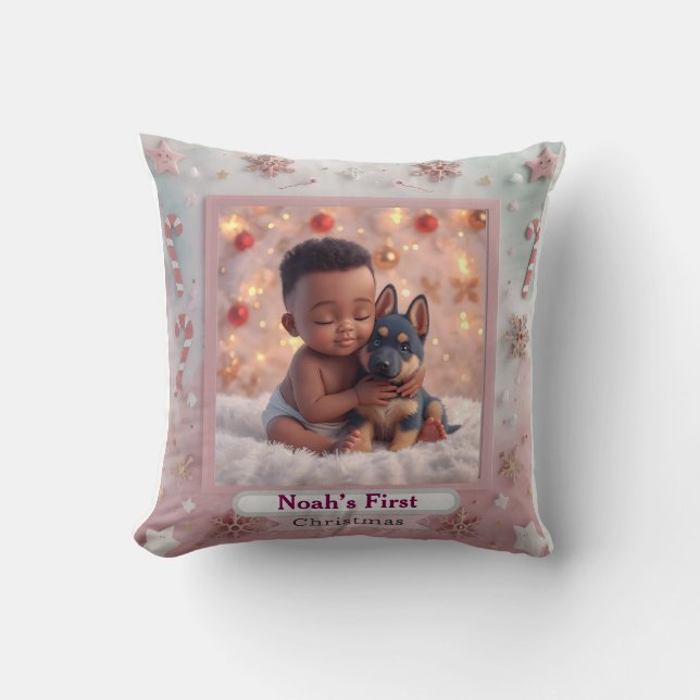 Oreiller de Noël Bébé et chiot aux yeux bleus (Recto)