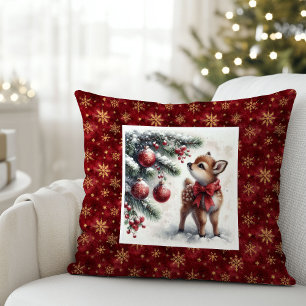 Oreiller de Noël bébé faon forêt enneigée paisible