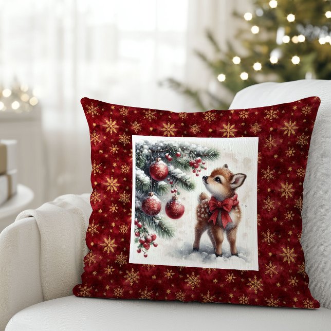 Oreiller de Noël bébé faon forêt enneigée paisible (Peaceful snowy forest baby fawn Christmas pillow (51))