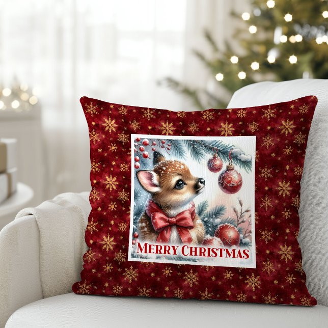 Oreiller de Noël bébé faon scène hivernale heureus (Happy winter scene baby fawn Christmas pillow (48))
