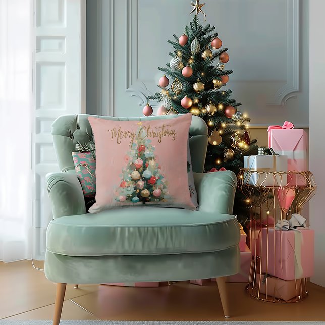 Oreiller de Noël en velours rose avec arbre stylis (Beautiful Blush Pink Painted Christmas Tree Holiday Throw Pillow)