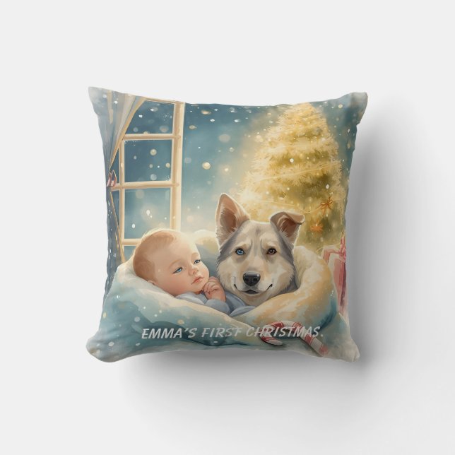 Oreiller de Noël pour bébé et chiot aux yeux bleus (Recto)