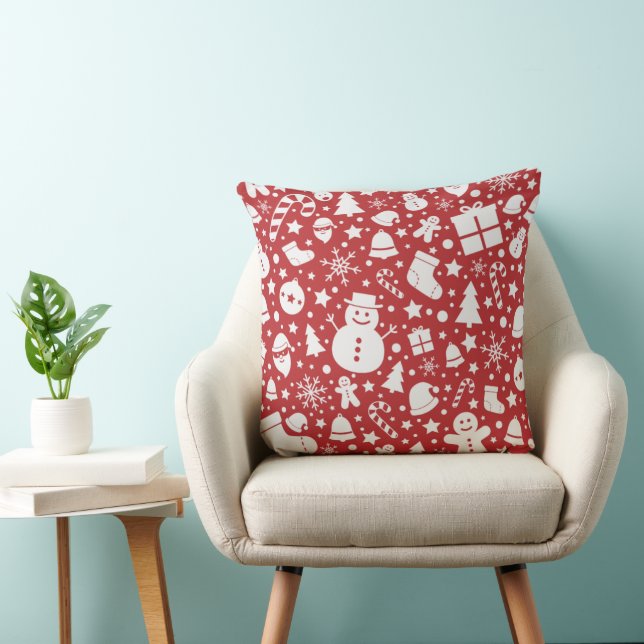 Oreiller de Noël rouge avec symboles de fêtes (Chaise)