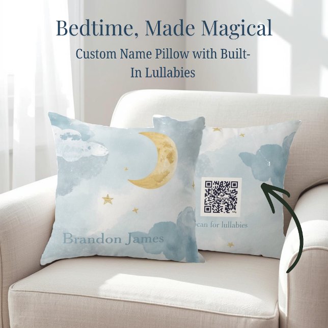 Oreiller de nurserie avec nom de bébé personnalisé (Personalized nursery pillow with baby name on front and QR code lullaby playlist on the back.)
