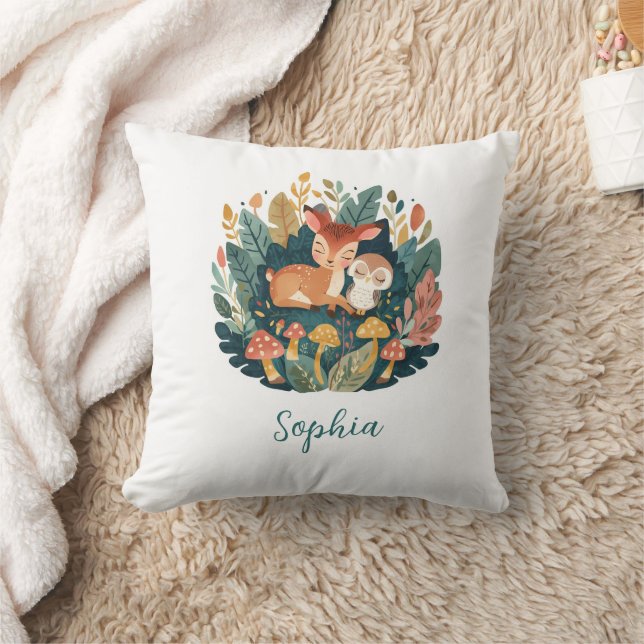 Oreiller de nurserie floral faon de bois nom perso (Couverture)