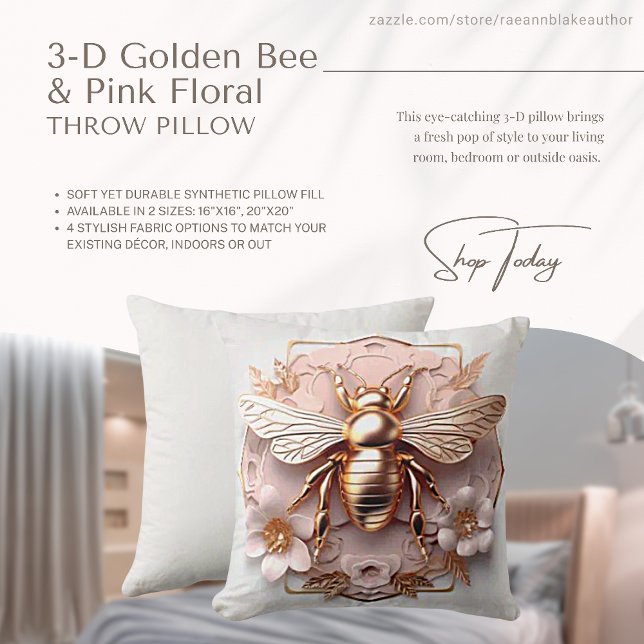 Oreiller décoratif abeille dorée 3D et fleurs rose (Créateur téléchargé)