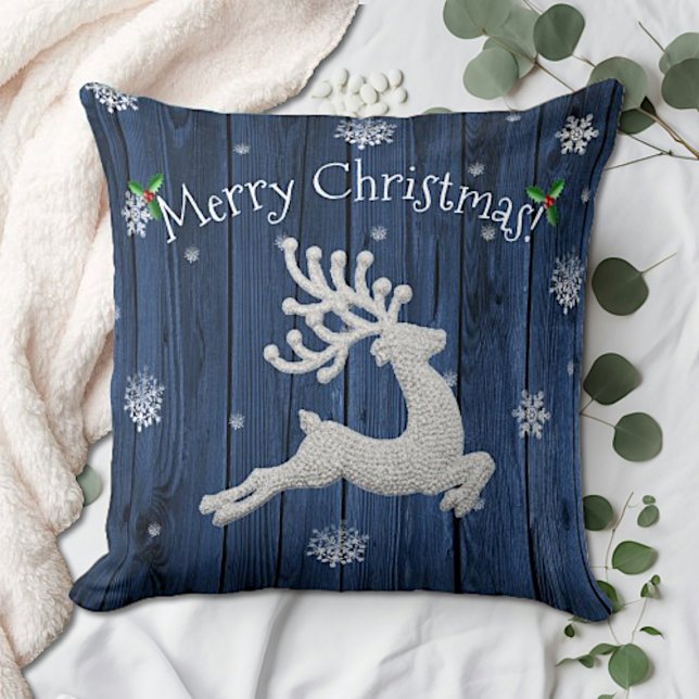 Oreiller décoratif de Noël aux rennes, style rusti (Blue Rustic Christmas Reindeer Throw Pillow)