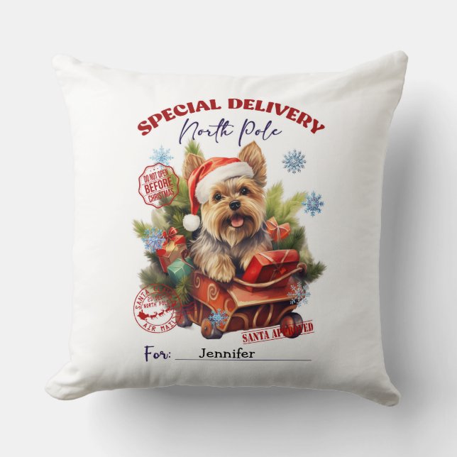 Oreiller décoratif de Noël avec un Yorkie mignon e (Recto)