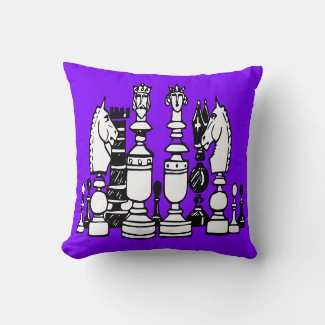 Oreiller décoratif d'échecs violet blanc noir (Recto)