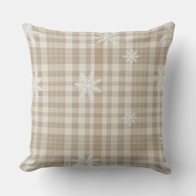 Oreiller décoratif flocon de neige gingham beige – (Recto)