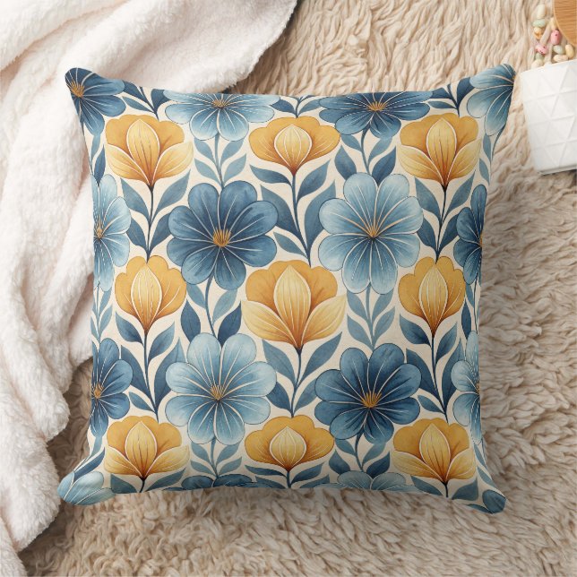 Oreiller décoratif floral bleu et or (Couverture)