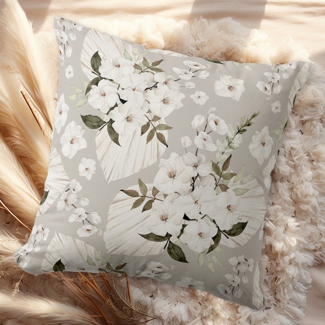 Oreiller décoratif floral Boho neutre Fleurs blanc (Floral Throw Pillow)