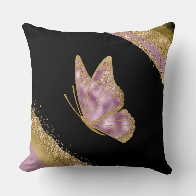 Oreiller décoratif Papillon Rose et Or (Recto)