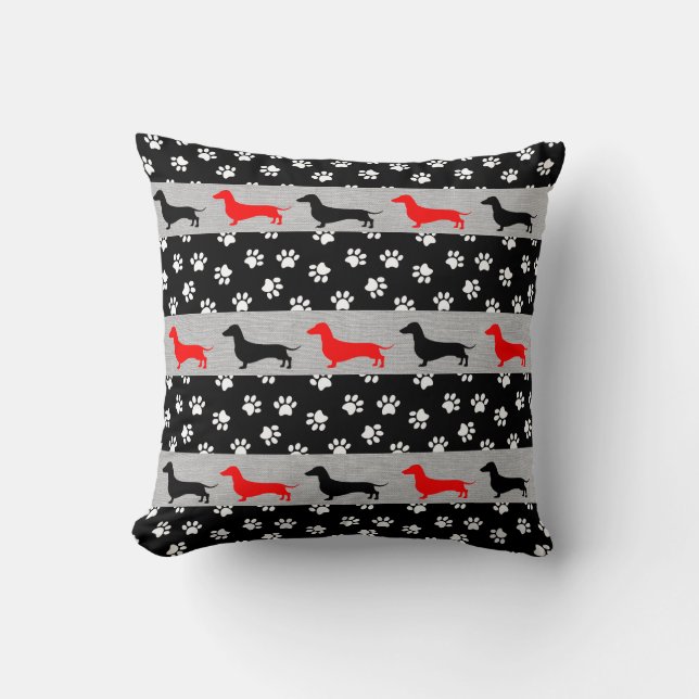Oreiller décoratif teckel gris rouge noir et blanc (Recto)