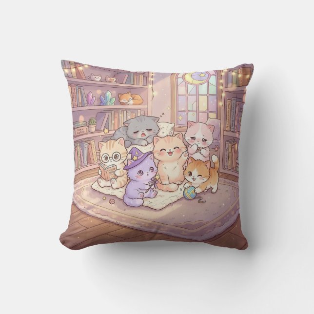 Oreiller des amis de la bibliothèque féline pastel (Recto)