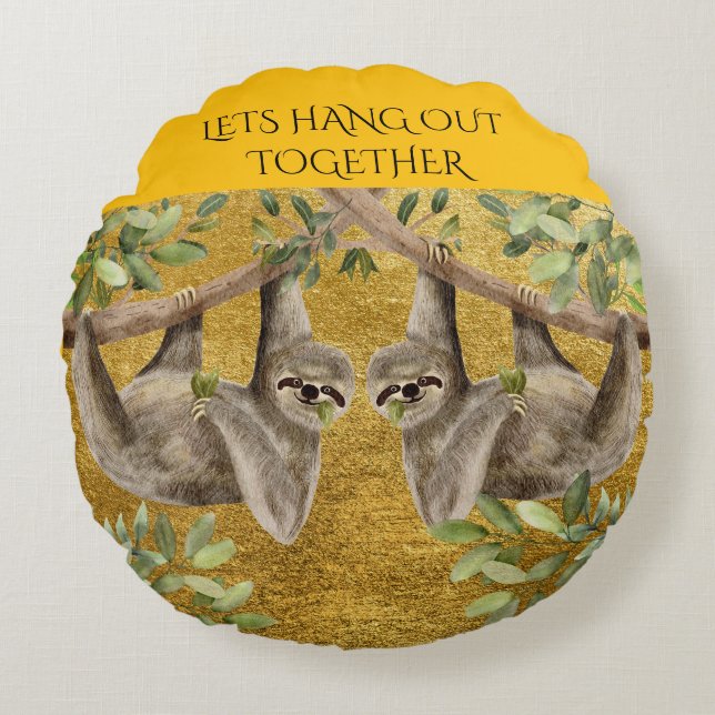 Oreiller doré - Dessin de paresseux - Coussin rond (Devant)