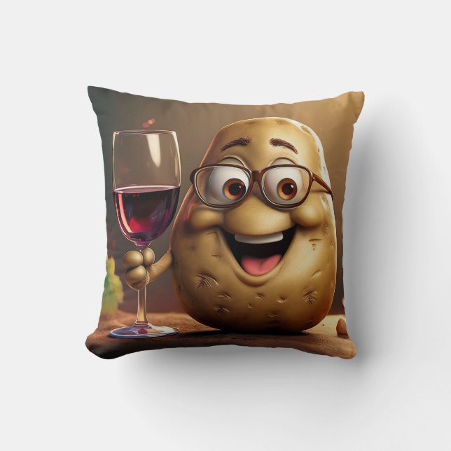 Oreiller drôle de pomme de terre buvant du vin ! (Recto)