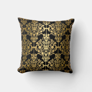 Oreiller Élégant Noir Or Damassé Floral