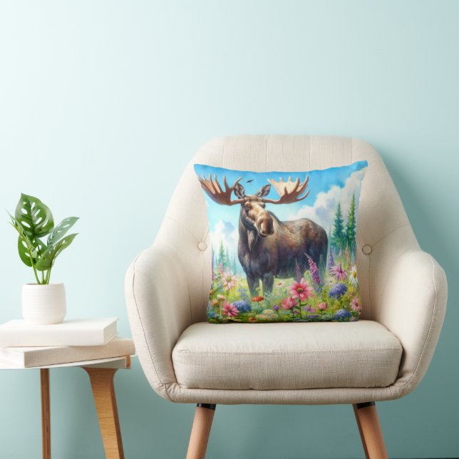 Oreiller en coton avec élan debout dans les fleurs (Chaise)