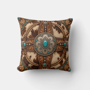 Oreiller en cuir de vache turquoise de style weste