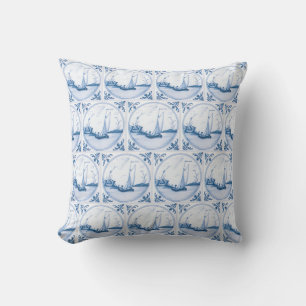 Oreiller Faux Carreau Delft Bleu Blanc Voilier Vin