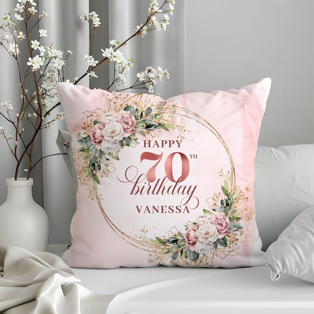 Oreiller Fleurs Rose Pâle Aquarelle 70e Anniversai (Watercolor Light Pink Floral Pillow 70th Birthday Pillow)
