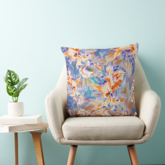 Oreiller Floral Abstrait Orange et Bleu Vibrant