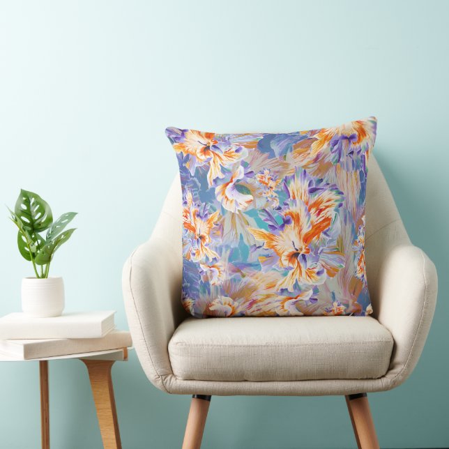 Oreiller Floral Abstrait Orange et Bleu Vibrant (Chaise)