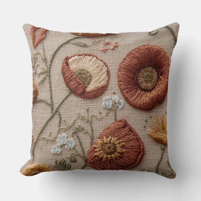 Oreiller Floral Brodé Rustique – Dessin Bloom (Recto)