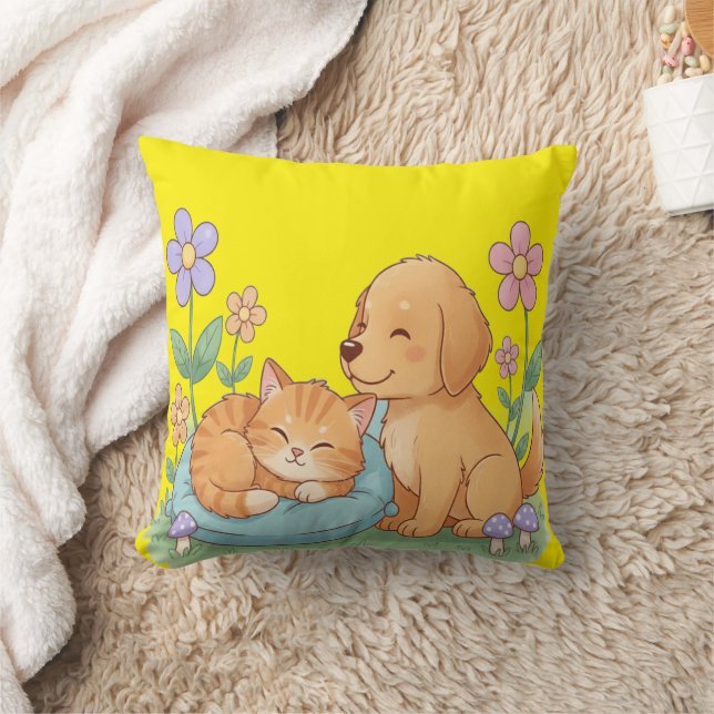 Oreiller floral chiot et chaton – Douceur conforta (Couverture)